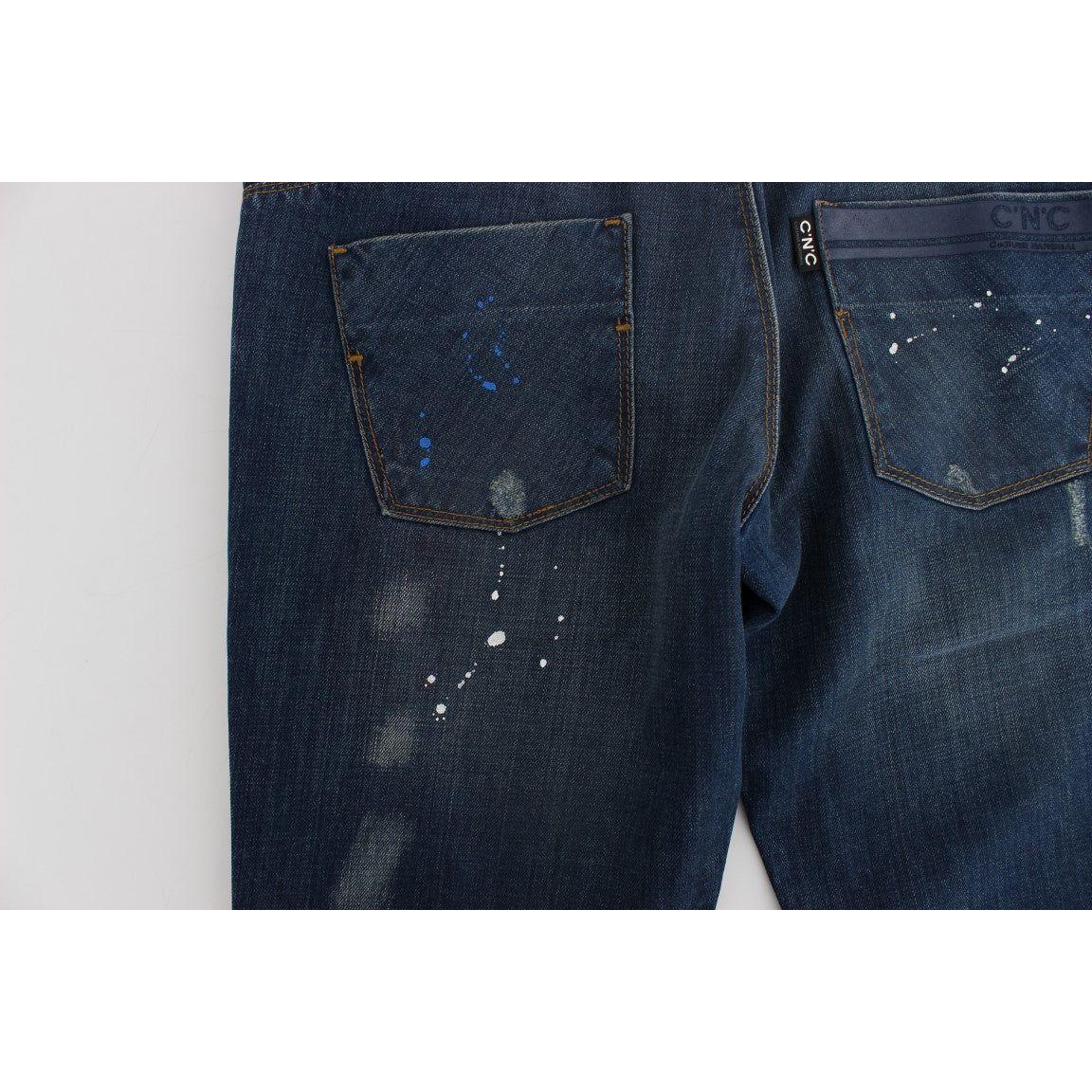 时尚蓝色水洗修身牛仔裤