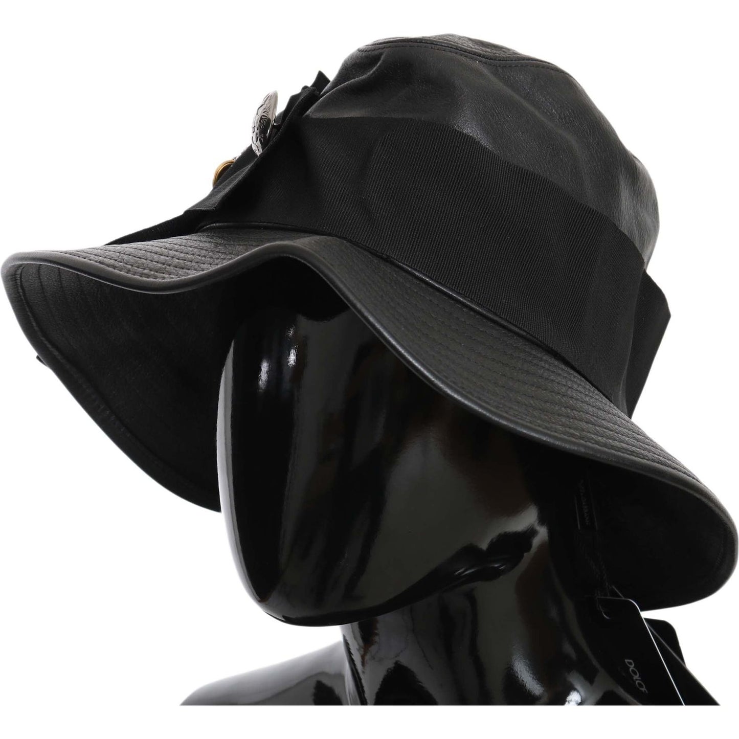 Dolce & Gabbana Black Leather DG Coin Crystal Wide Brim Hat
