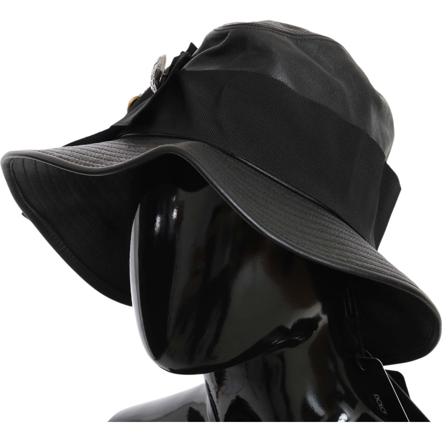 Dolce & Gabbana Black Leather DG Coin Crystal Wide Brim Hat