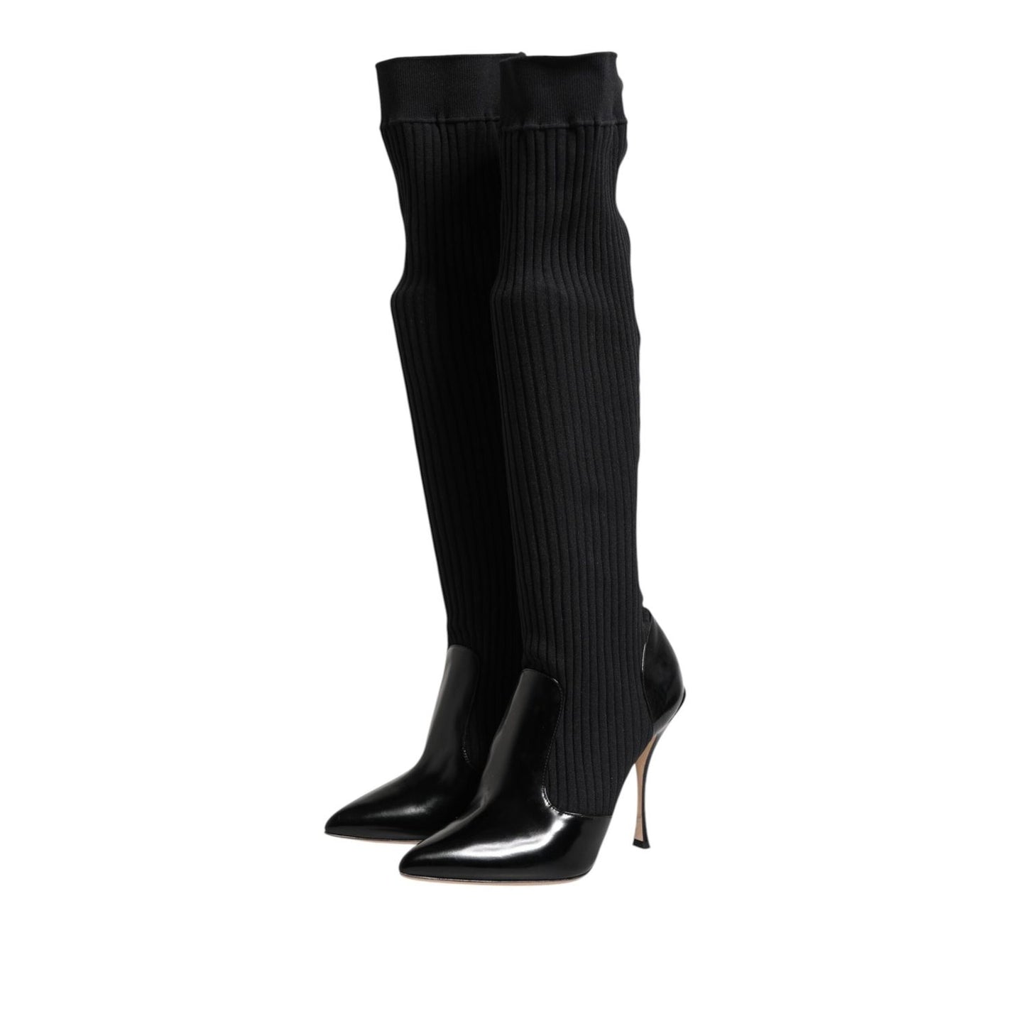 Dolce & Gabbana Black Leather Ribbed Knit Knee Boots Shoes
