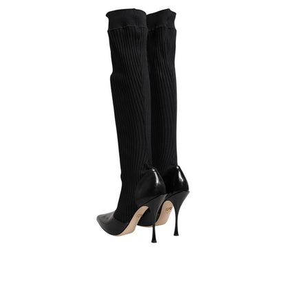 Dolce & Gabbana Black Leather Ribbed Knit Knee Boots Shoes