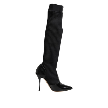 Dolce & Gabbana Black Leather Ribbed Knit Knee Boots Shoes