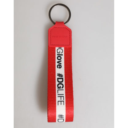 Dolce & Gabbana Red Logo Polyester Silver Brass Holder Keychain Keyring