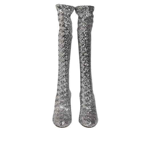Dolce & Gabbana Shoes Silver Sequins Glitter High Heel Boot Shoes