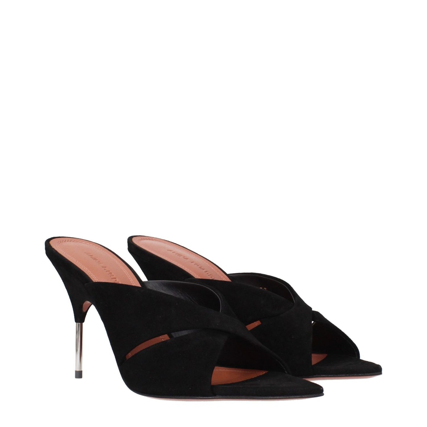 Amina Muaddi Black Leather Stiletto Heel Sandals