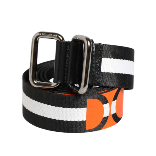 Dolce & Gabbana Black White Striped Logo Metal Buckle Belt