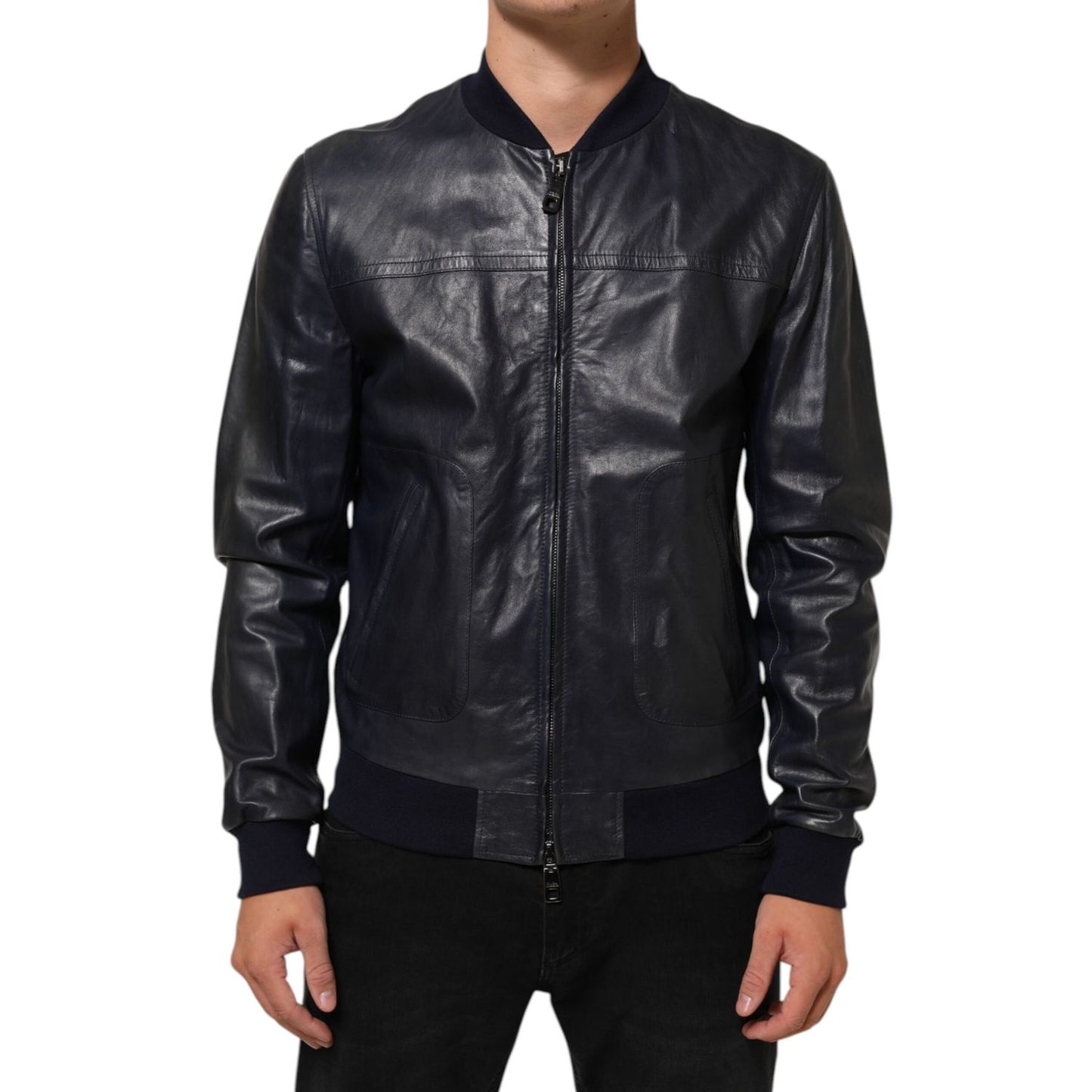Dolce & Gabbana Blue Leather Full Zip Biker Blouson Jacket