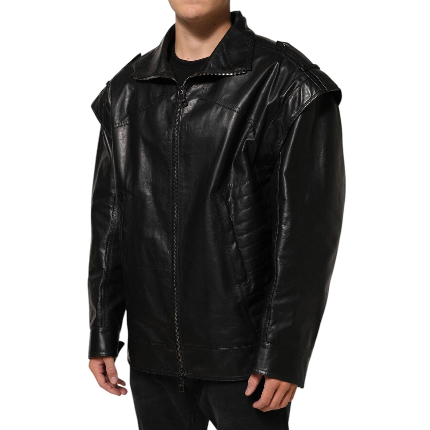 Dolce & Gabbana Black Leather Full Zip Biker Blouson Jacket