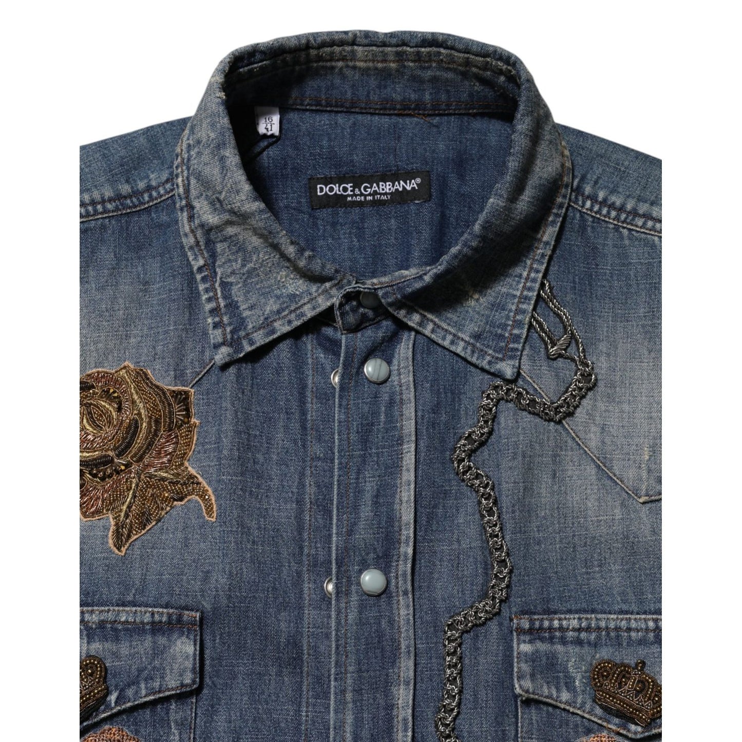 Dolce & Gabbana Blue Angel Patch Denim Buttoned Down Men Shirt