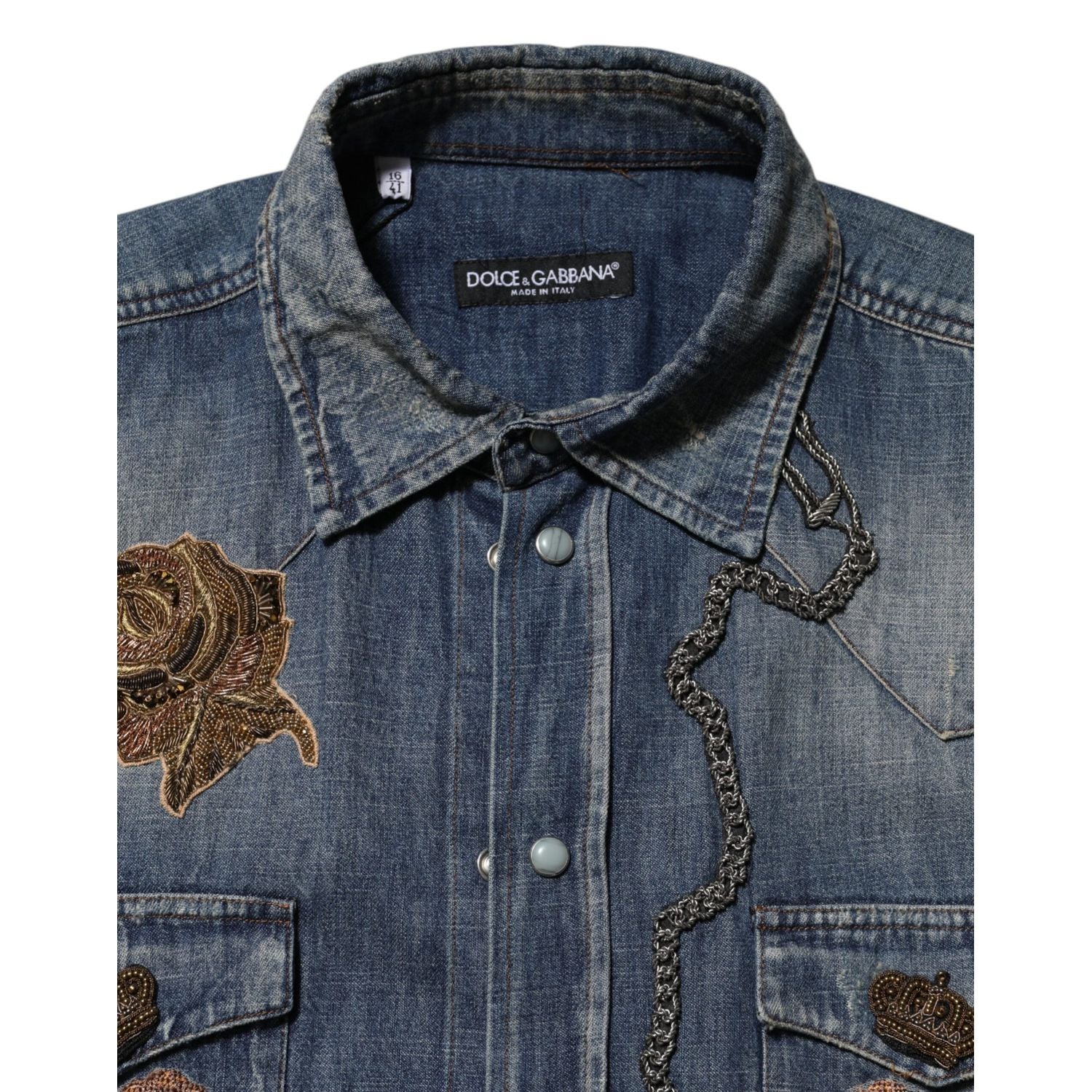 Dolce & Gabbana Blue Angel Patch Denim Buttoned Down Men Shirt