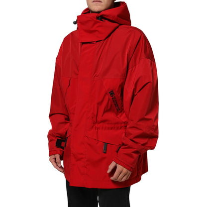 Dolce & Gabbana Red Nylon Hooded Men Full Zip Parka Jacket
