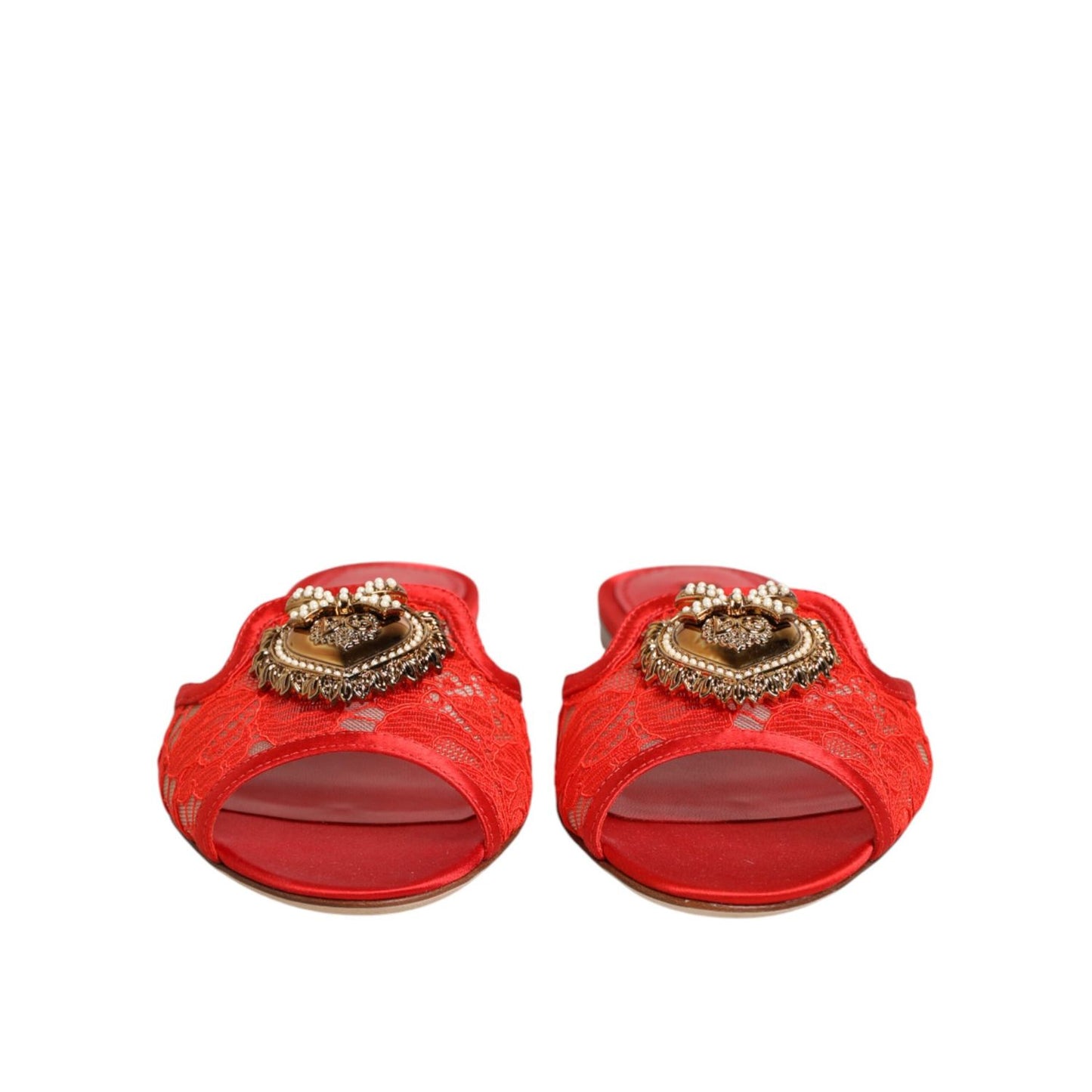 Dolce & Gabbana Red Devotion Lace Flats Slip On Sandals Shoes