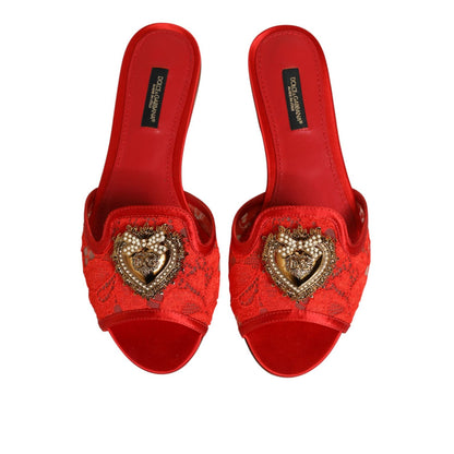 Dolce & Gabbana Red Devotion Lace Flats Slip On Sandals Shoes
