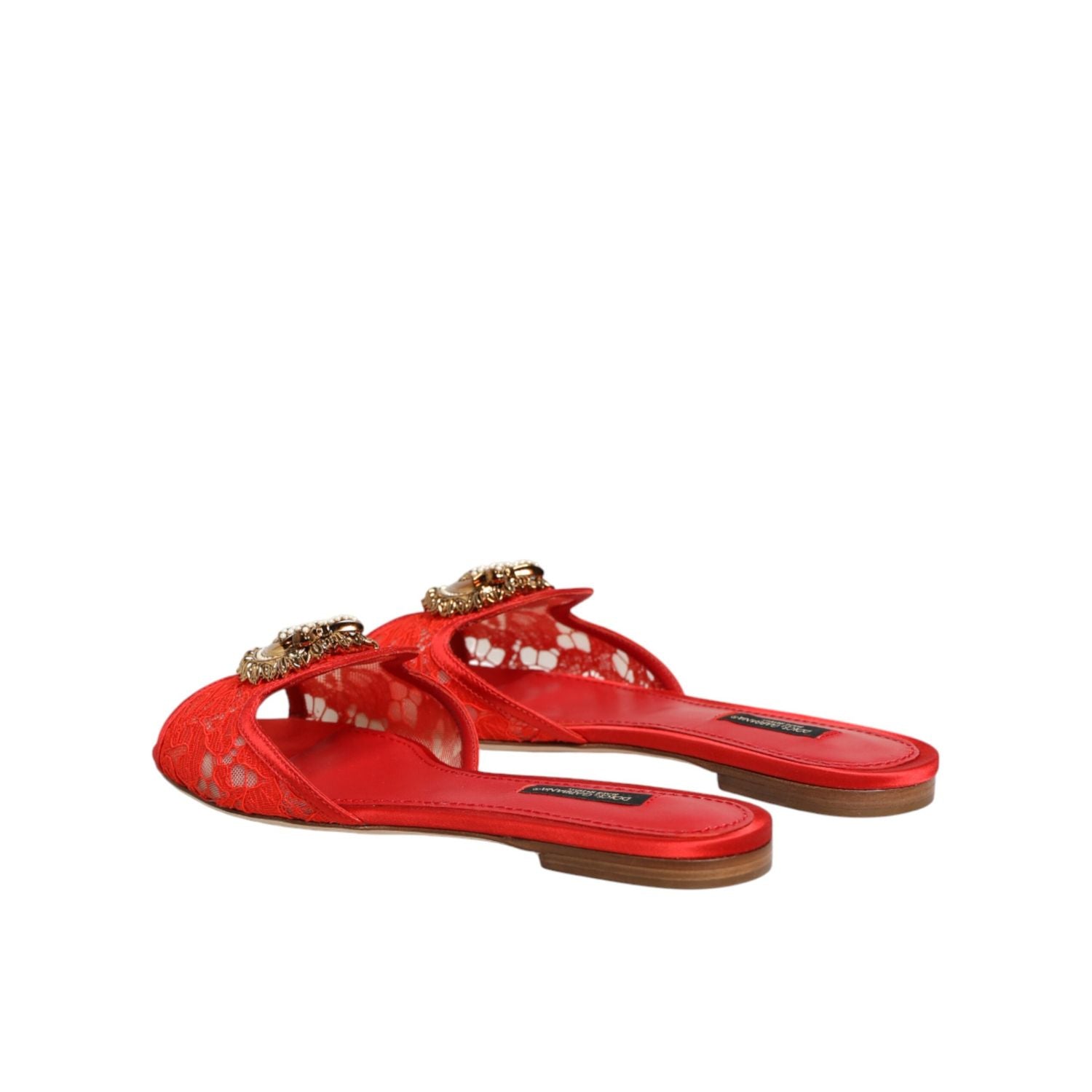 Dolce & Gabbana Red Devotion Lace Flats Slip On Sandals Shoes