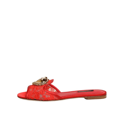 Dolce & Gabbana Red Devotion Lace Flats Slip On Sandals Shoes
