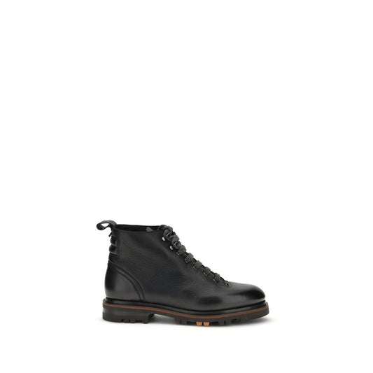 Santoni Black Calf Leather Bos Taurus Lace-Up Boots