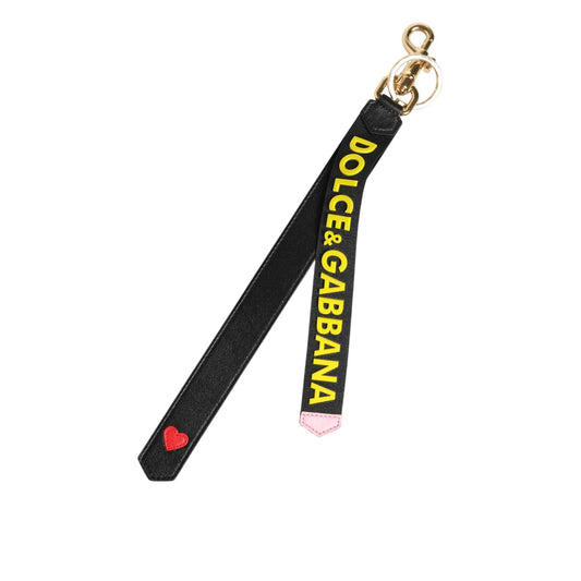 Dolce & Gabbana Black Yellow Logo Letaher Brass Holder Keychain Keyring
