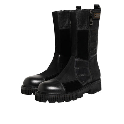 Dolce & Gabbana Black Patchwork Leather Mid Calf Boot Shoes