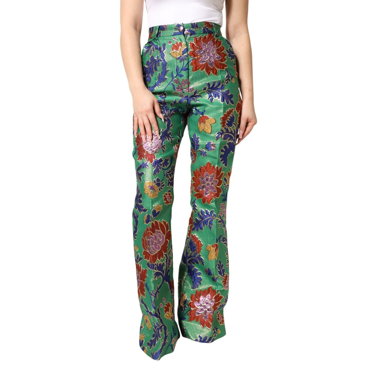 Dolce & Gabbana Green Floral Polyester BootCut Trouser Pants