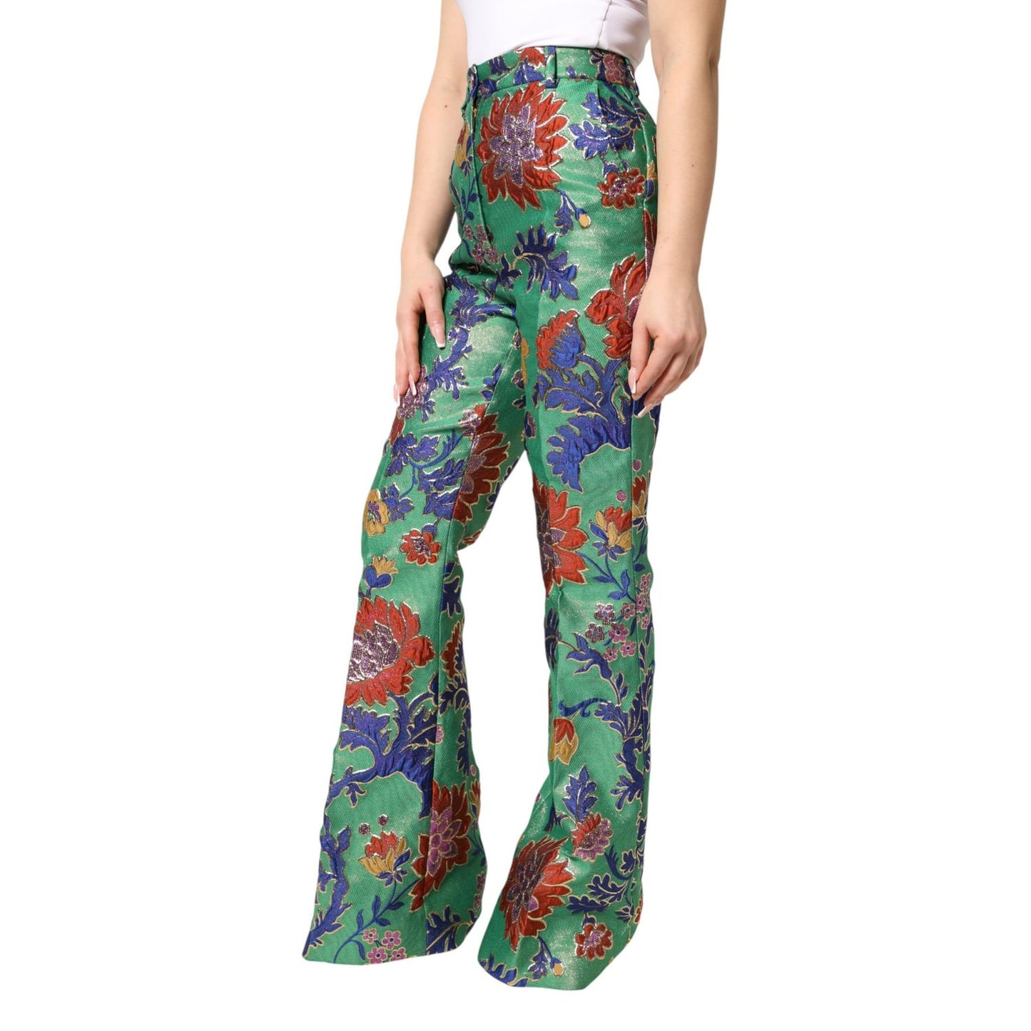 Dolce & Gabbana Green Floral Polyester BootCut Trouser Pants