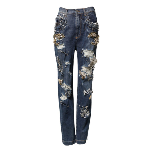 Dolce & Gabbana Blue Cotton Rhinestone Embellish Denim Jeans