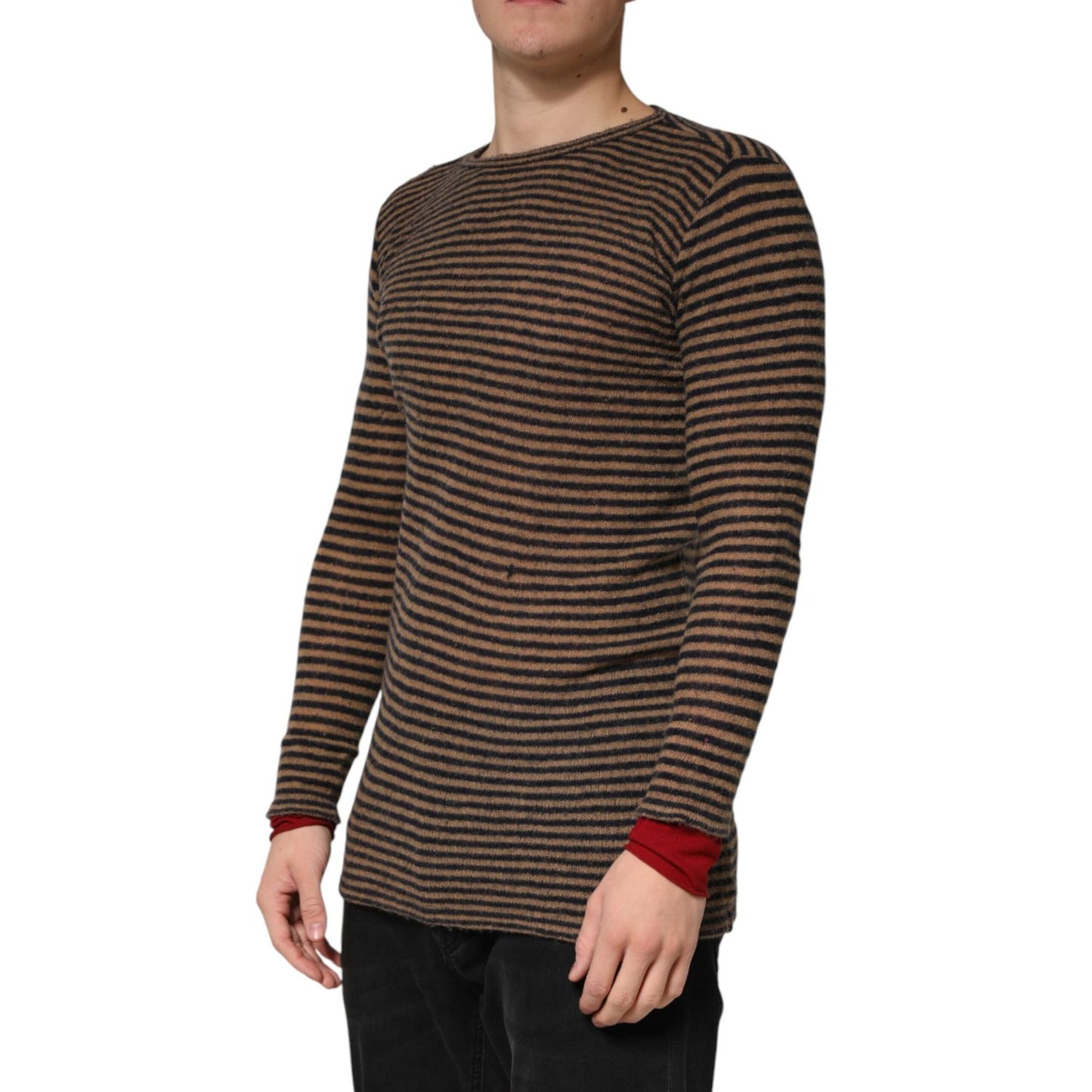 Daniele Alessandrini Brown Black Stripes Wool Crew Neck Pullover Sweater