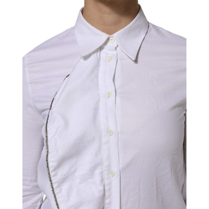 AGLINI White Cotton Collared Long Sleeves Ruffle Top Shirt