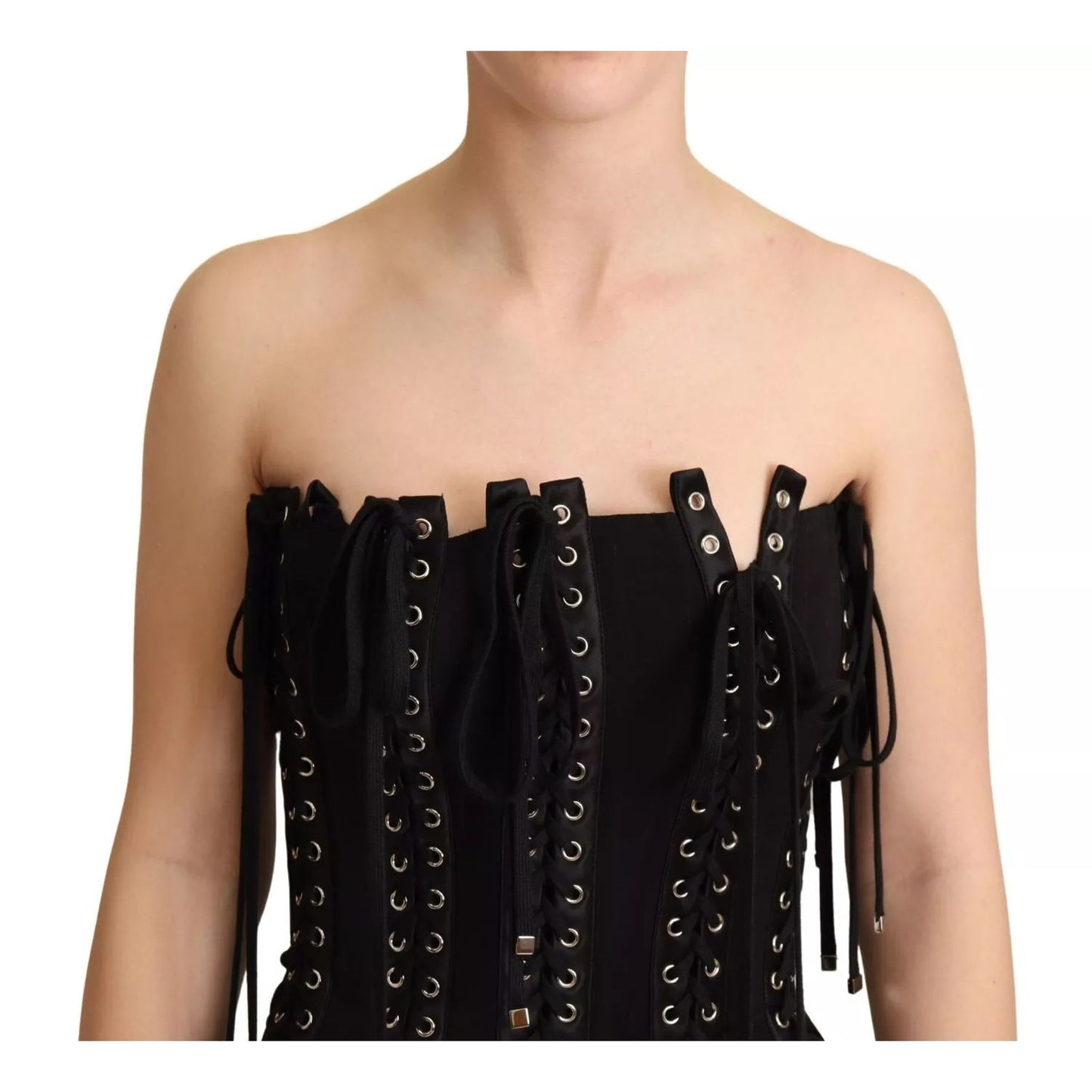 Dolce & Gabbana Black Cady Sleeveless Lace Up Bodycon Dress