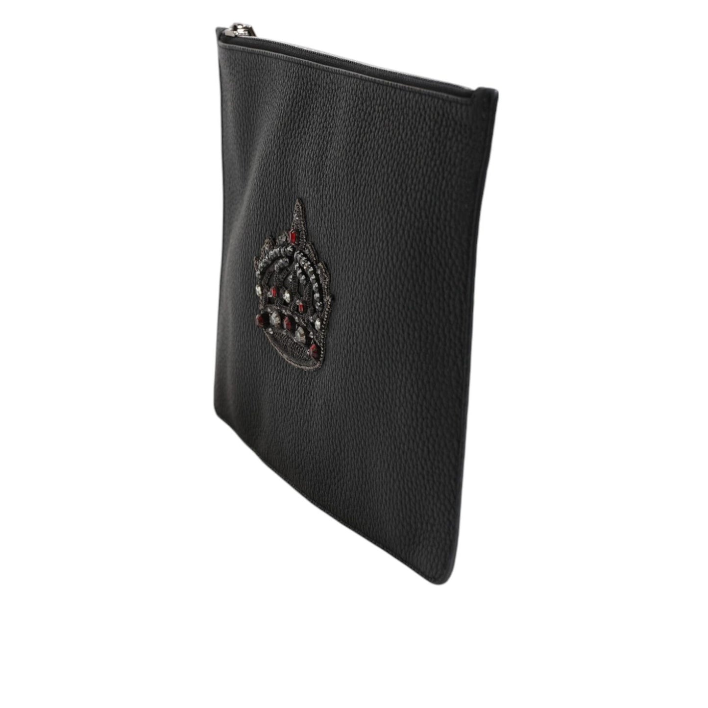 Dolce & Gabbana Black Calfskin Crown Embellished Clutch Pouch Bag