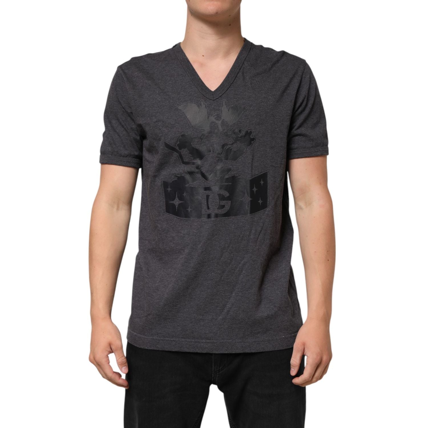 Dolce & Gabbana Black Charcoal DG Logo V-Neck Men T-shirt