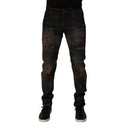 Dolce & Gabbana Black Cotton Skinny Tattered Men Denim Jeans