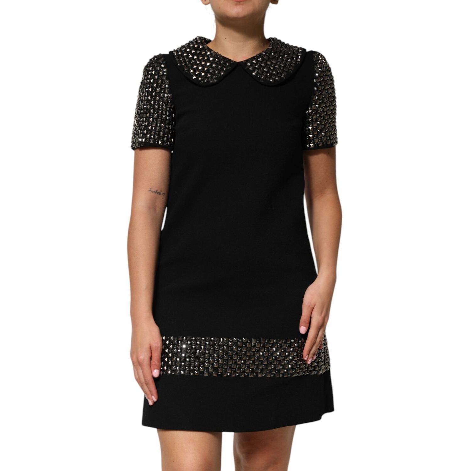 Dolce & Gabbana Black Crystal Embellished Collared Mini Dress