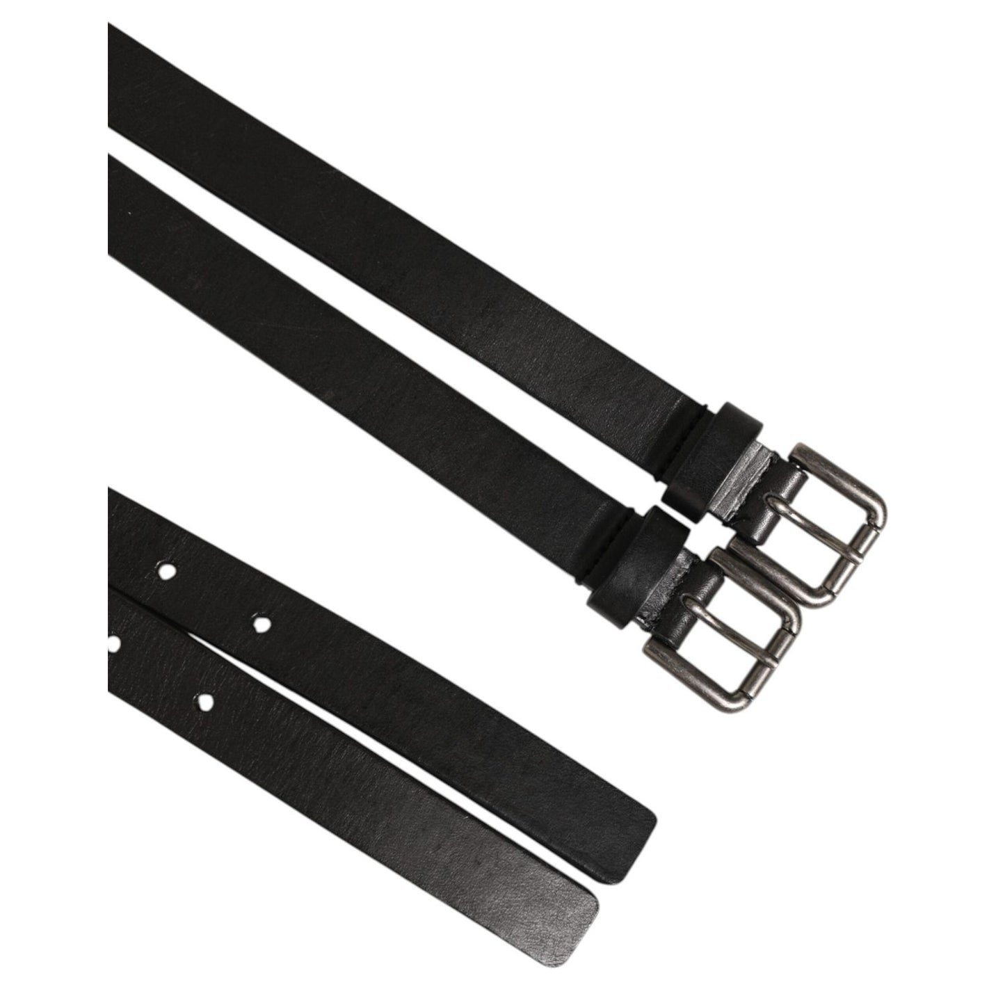 Dolce & Gabbana Black Double Strap Leather Silver Buckle Belt