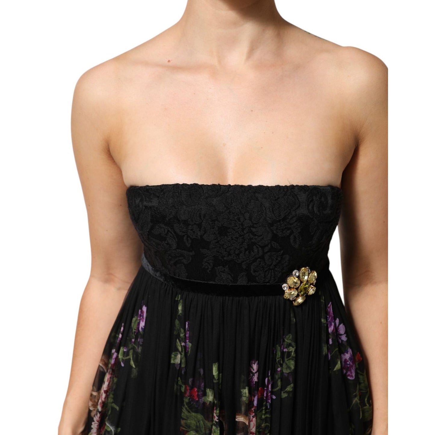 Dolce & Gabbana Black Floral Key Print Crystal Strapless Dress