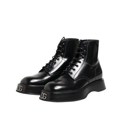 Dolce & Gabbana Black Leather Logo Ankle Boots Lace Up Shoes