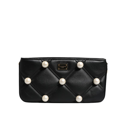 Dolce & Gabbana Black Leather Pearl Embellished Logo Shoulder Bag