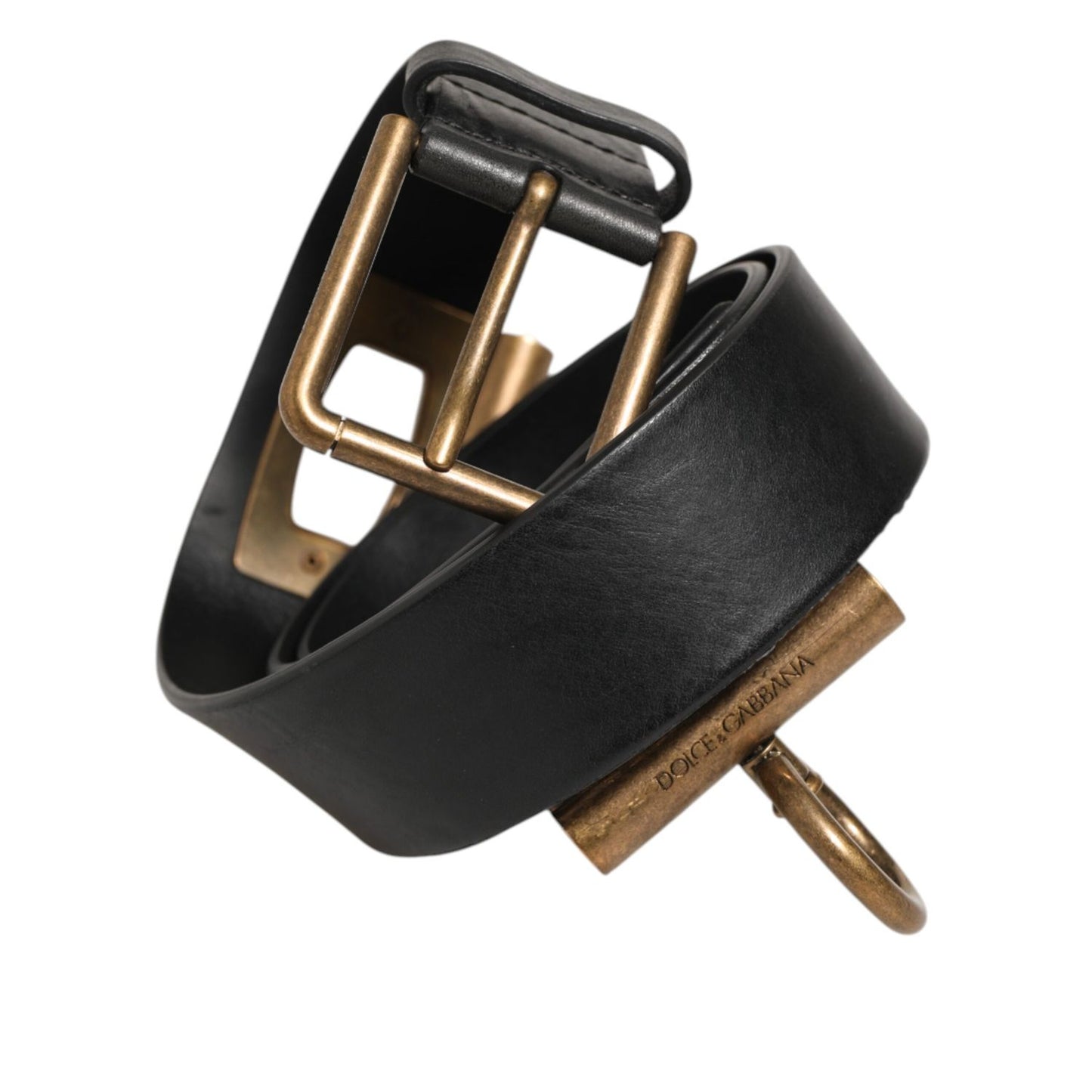 Dolce & Gabbana Black Leather Side Rings Brass Buckle Belt