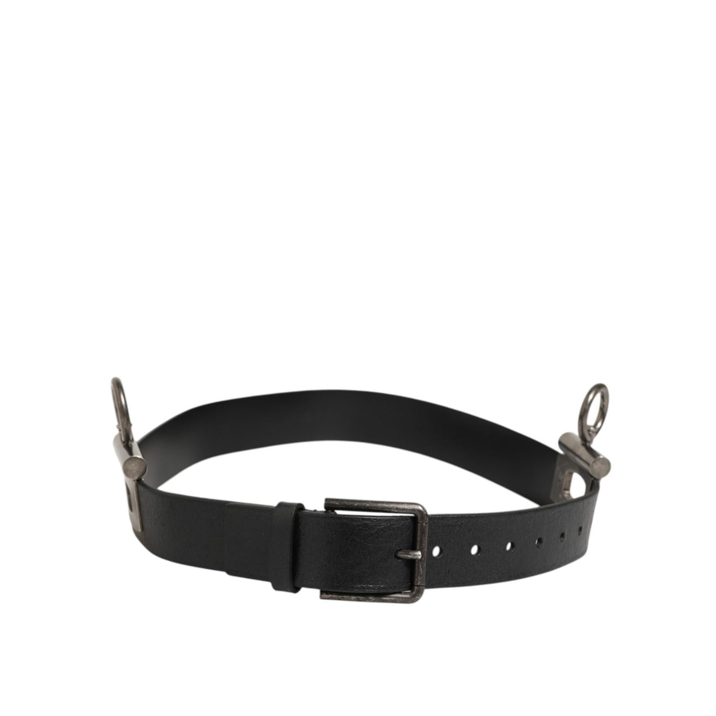 Dolce & Gabbana Black Leather Side Rings Brass Buckle Belt