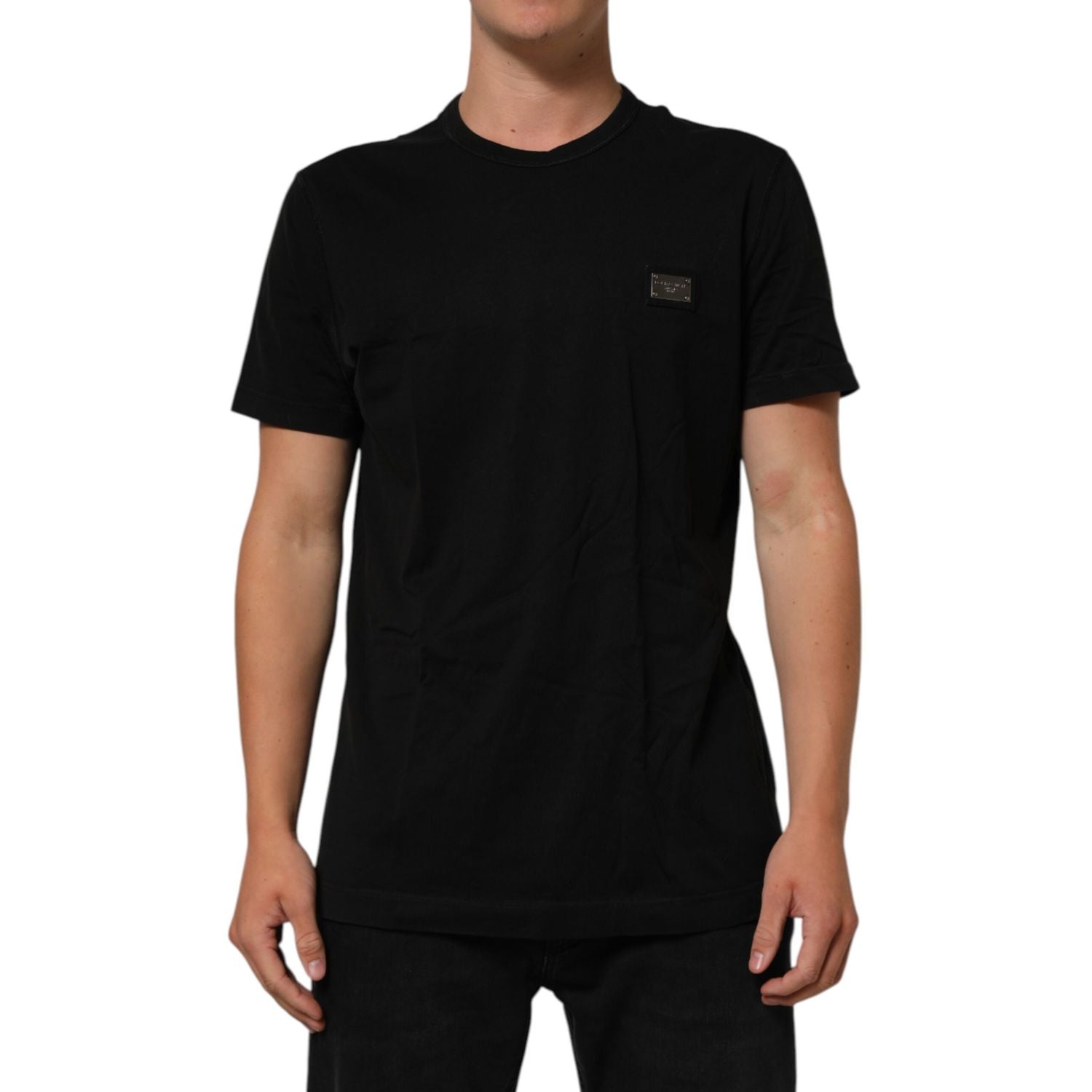 Dolce & Gabbana Black Logo Plaque Cotton Crew Neck T-shirt