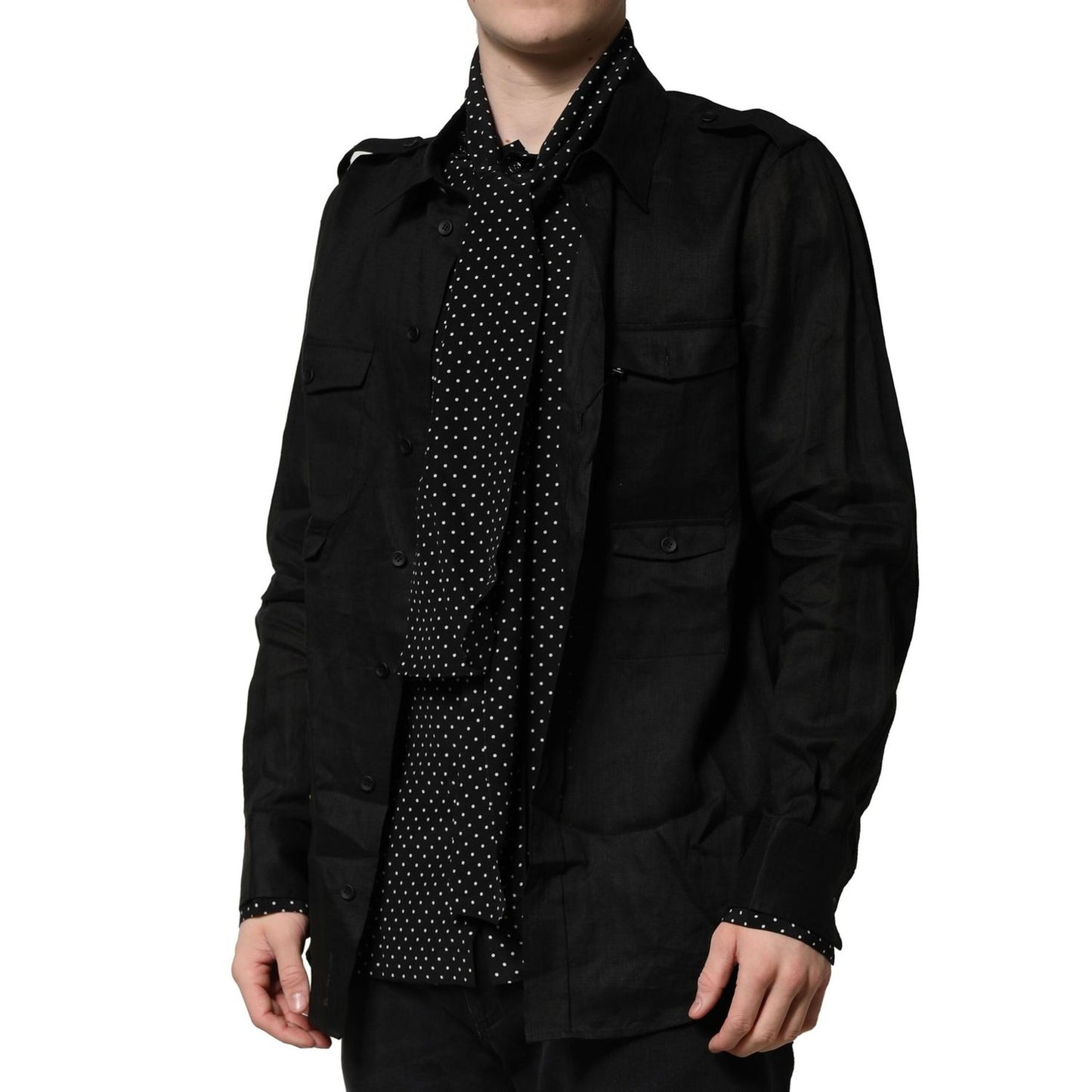 Dolce & Gabbana Black Polka Dot Linen Silk Men Casual Shirt