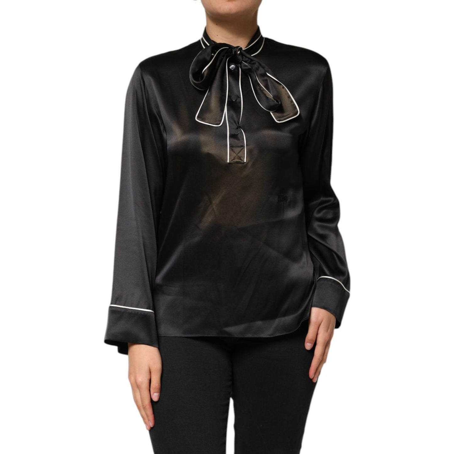 Dolce & Gabbana Black Silk Ascot Collared Button Blouse Top