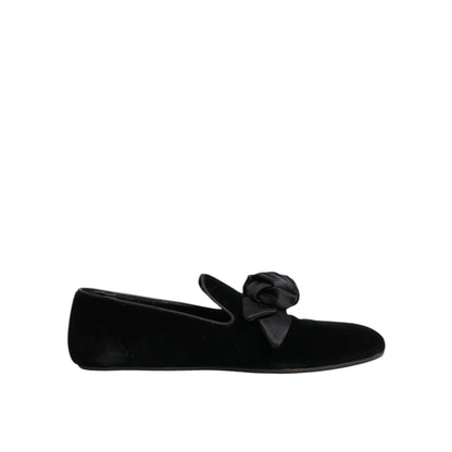 Dolce & Gabbana Black Suede Cotton Rose Slip On Loafers Shoes