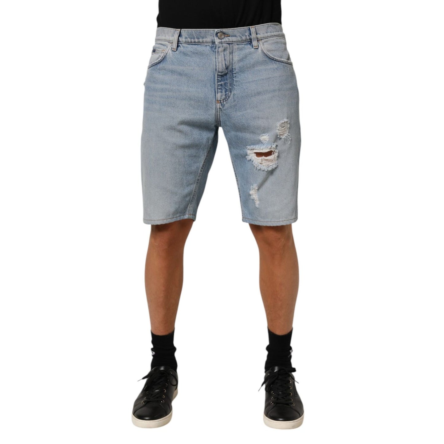Dolce & Gabbana Blue Cotton Distressed Denim Bermuda Shorts