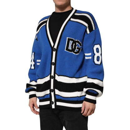 Dolce & Gabbana Blue Cotton Logo Patch Ribbed Knit Cardigan Sweater
