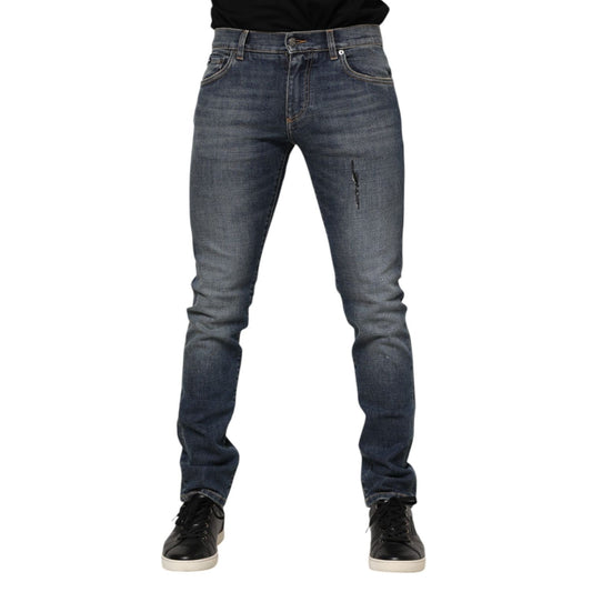 Dolce & Gabbana Blue Washed Skinny Logo Plaque Men Denim Jeans