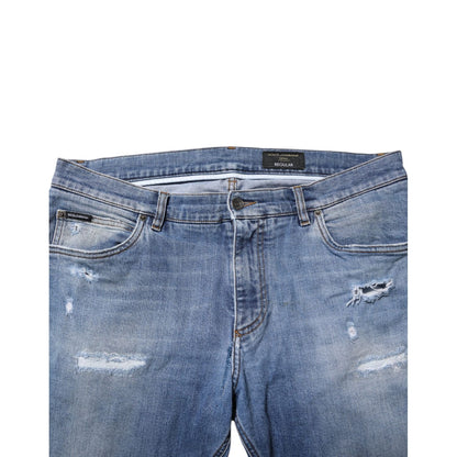 Dolce & Gabbana Blue Washed Tattered Logo Plaque Denim Jeans