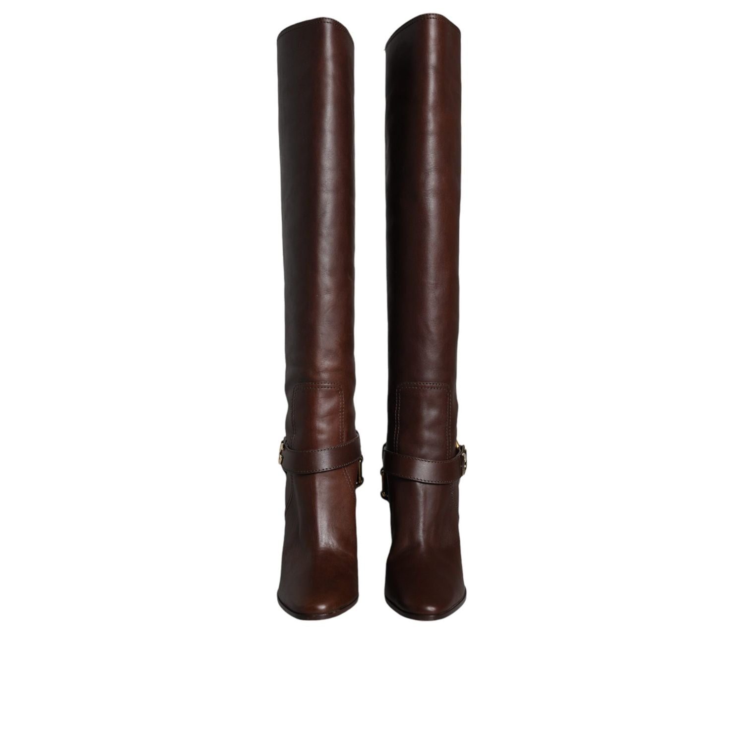 Dolce & Gabbana Brown Leather Gold Tone Logo High Boots Shoes