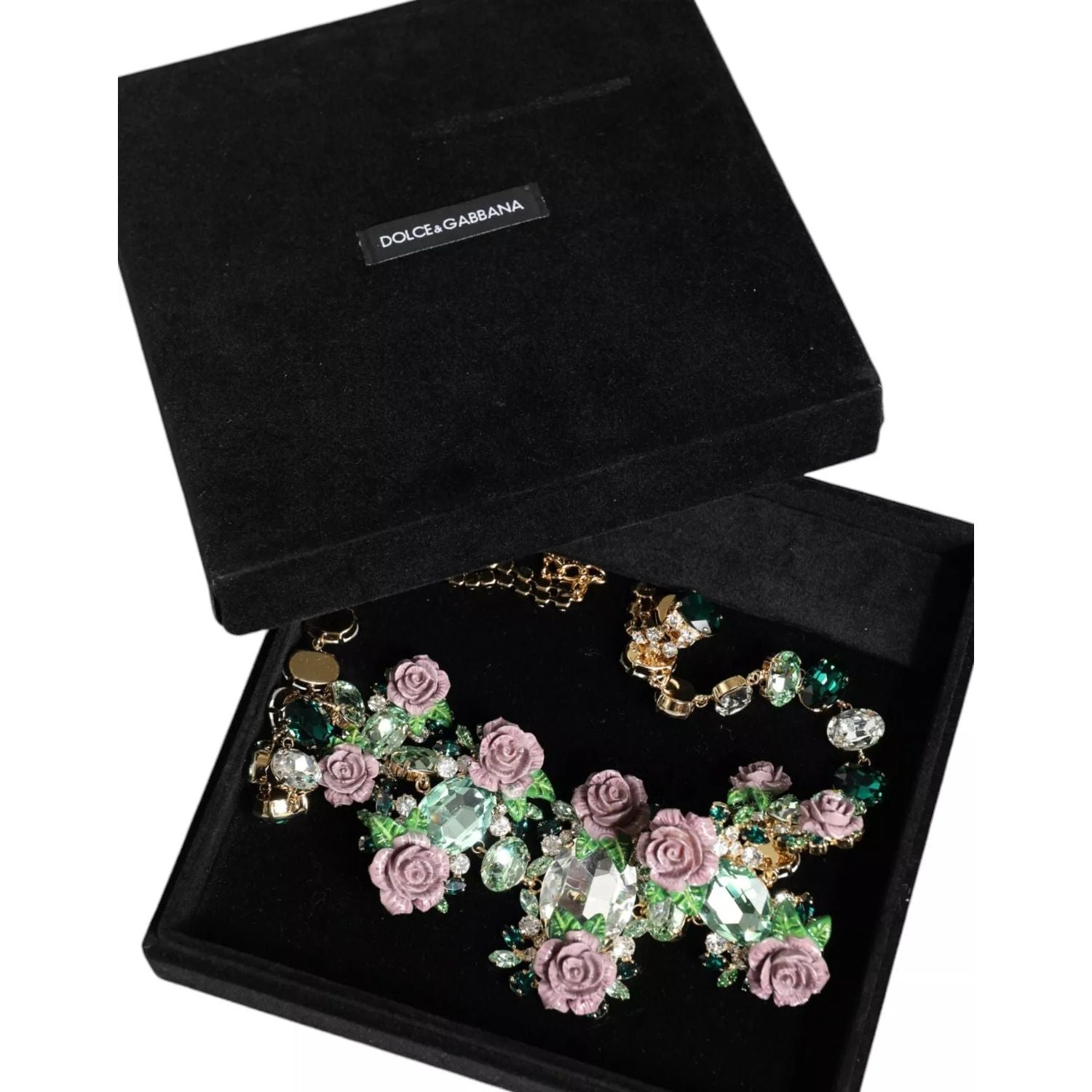 Dolce & Gabbana Gold Brass Link Chain Rose Petal Crystal Necklace