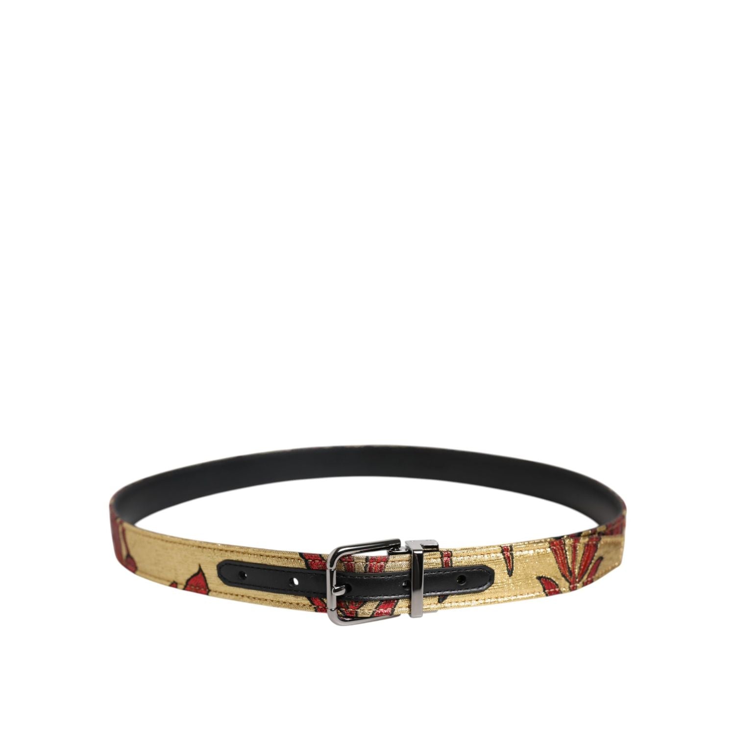 Dolce & Gabbana Gold Floral Jacquard Silver Metal Buckle Belt
