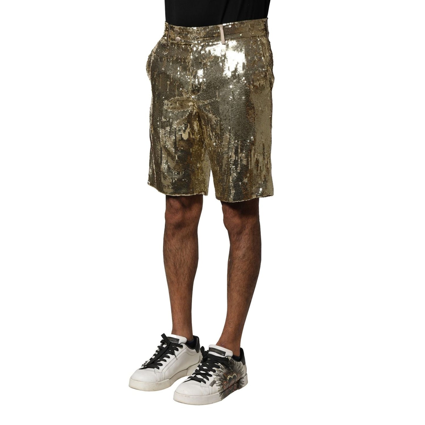 Dolce & Gabbana Gold Sequin Polyester Embellished Bermuda Shorts